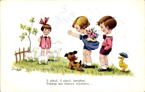 Artist Postcard Patt, Jim, children, lambs, duck, dog, flowers