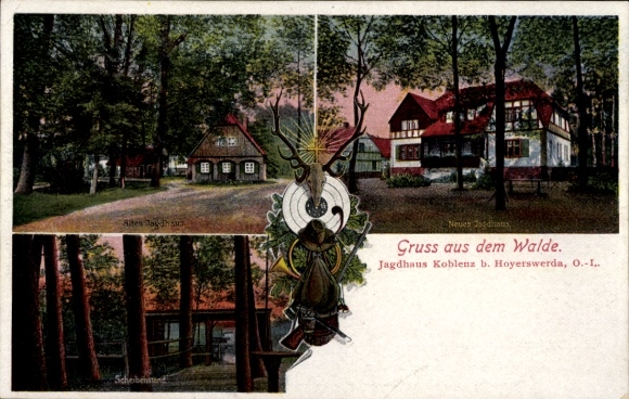 Postcard Hoyerswerda in Upper Lusatia, Hunting Lodge Koblenz, Old Hunting Lodge, New Hunting Lodge