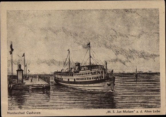 Kunstenaarskaart Hartmann, Cuxhaven in Nedersaksen, MS Jan Molsen bij de oude liefde