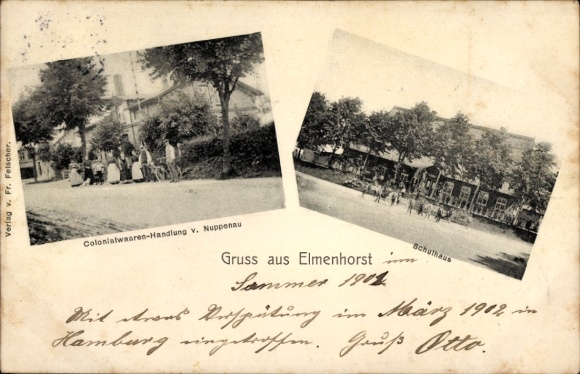 Postcard Elmenhorst in Lauenburg, Nuppenau grocery store, school