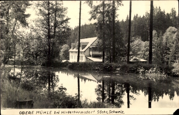 Ak Hinterhermsdorf Sebnitz Sächsische Schweiz, Obere Mühle, ruhige Natur, Wasser, Bäume, Lands...