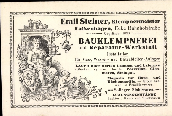 Postcard Falkenhagen in the Mark, Emil Steiner master plumber, construction plumbing, corner Bahnhofstrasse