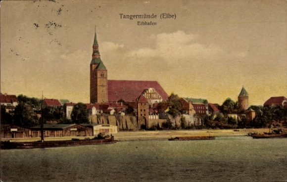 Postcard Tangermünde on the Elbe, Elbe harbor, historical architecture, water view, colored PC