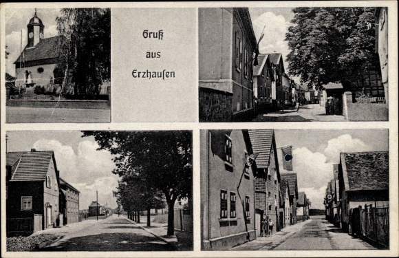 Ansichtkaart Erzhausen in Hessen, gedeeltelijke aanzichten, straatdelen, kerk