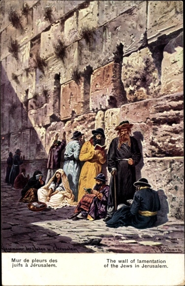 Judaica artist Postcard Perlberg, F., Jerusalem Israel, Jews at the Wailing Wall