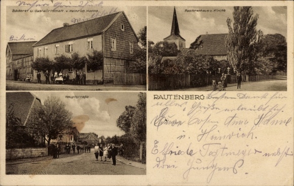 Postcard Rautenberg Harsum in Lower Saxony, bakery, inn, pastor's house, church, main street