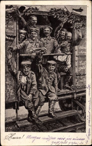 Artist PC Strieffler, Hurray, German soldiers drive out, railway wagon, WWI
