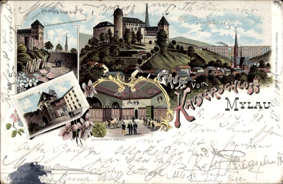 Litho Mylau Reichenbach im Vogtland, Kaiserschloss, Zwinger, Schlosshof, Gastzimmer im Schloss