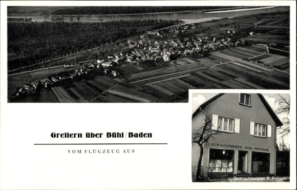 Ak Greffern Rheinmünster am Rhein, Fliegeraufnahme, Geschäft R. Fritsch