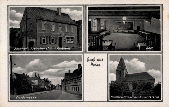 Ak Nessa Teuchern im Burgenlandkreis, Gasthof und Fleischerei Kurt Roßberg, Dorfstraße, Kirche