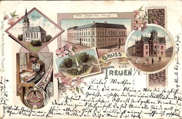 Chromo-Litho Treuen in Vogtland, Hotel Deutsches Haus, church, workshop