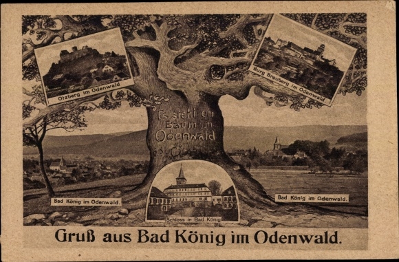 Ak Bad König im Odenwald Hessen, Schloss, Otzberg, Burg Breuberg, Panorama, Es steht ein Baum...