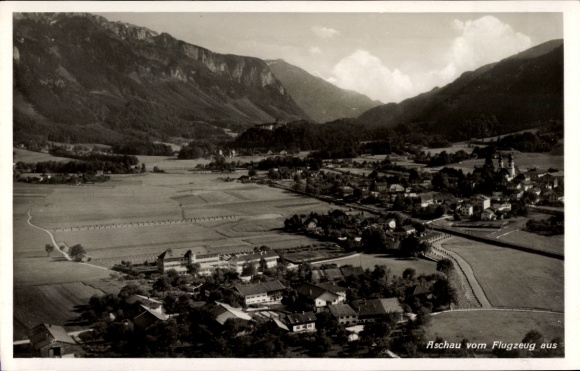 Postcard Aschau im Chiemgau Upper Bavaria, aerial view of mountains, fields, small houses, village view