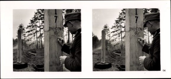 Stereo spatial image photo &quot;The Fuhrer&#39;s Soldiers in the Field&quot;, No. 64, border post, demarcation line