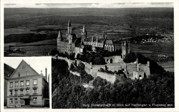 Postcard Hechingen in the Zollernalb district, Hohenzollern Castle, aerial photograph, Hotel Rad