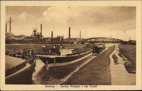Postcard Bottrop in the Ruhr area of North Rhine-Westphalia, Prosper I colliery on the canal, ship canal, bridge, industrial area