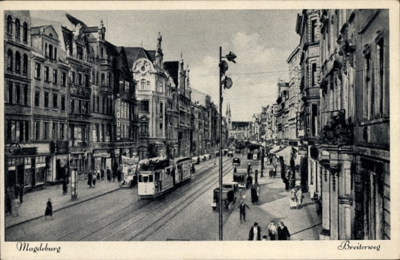 Postcard Magdeburg on the Elbe, Breiterweg, tram
