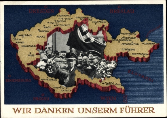 Postal stationery Postcard We thank our leader, Sudetenland, Bohemia, Moravia, Hitler
