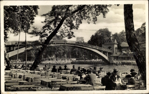 Ak Berlin Treptow, Partie an der Spree, Insel Gaststätte Abtei
