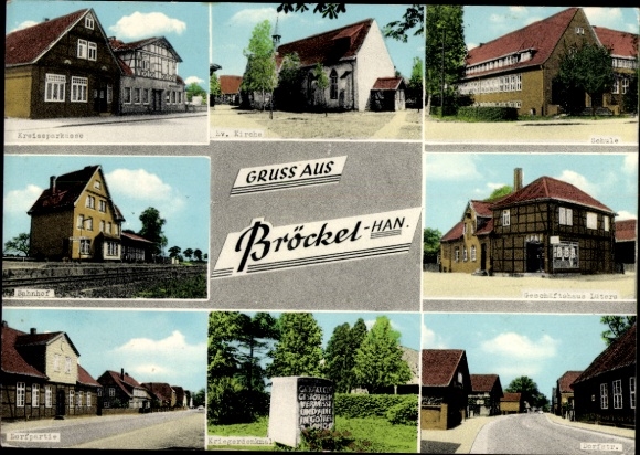 Postcard Bröckel in Lower Saxony, partial views, school, war memorial, train station, district savings bank, church