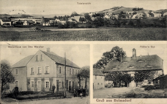 Ak Belmsdorf Bischofswerda in Sachsen, Totalansicht, Warenhaus von Otto Wendler, Paßler's Gut, Gr