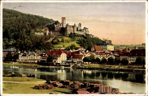 Postcard Wertheim am Main, castle on a hill, old town on the river, landscape with trees