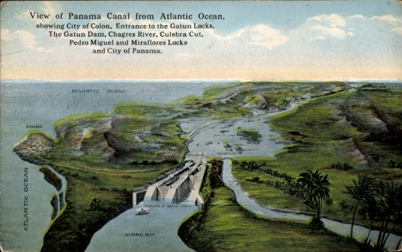 Ak Colón Panama,  Gatun Schleusen, Gatun Damm, Chagres Fluss, Culebra Cut