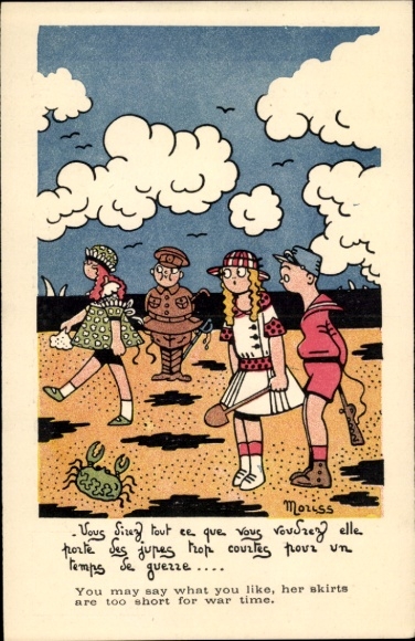 Artist Postcard Moriss, Am Strand, Krebs, You may say what you like, her skirts are too short...