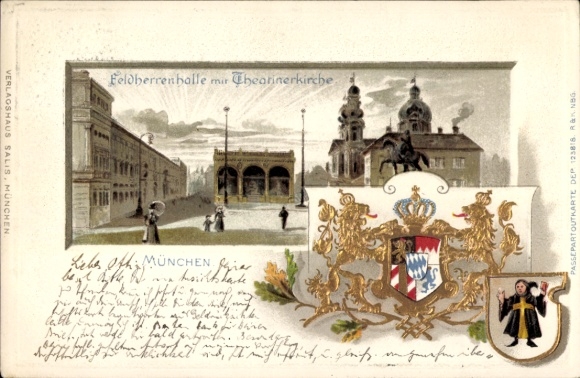 Embossed coat of arms passepartout litho Munich, Feldherrnhalle, Feldherrnhalle, Theatinerkirche