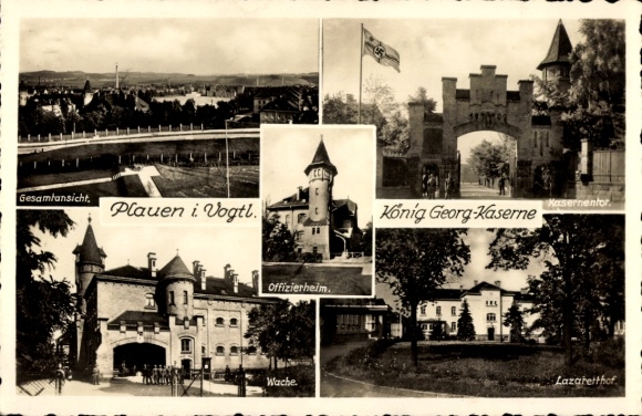 Postcard Plauen Vogtland, King George Barracks, Guard, Barracks Gate, Hospital Yard, Officers' Club