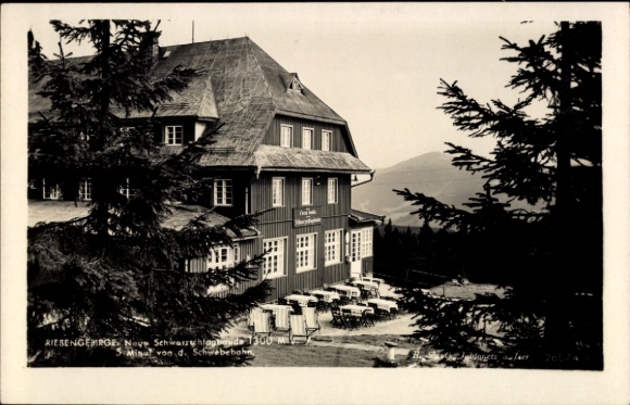 Postcard Janské Lázně Johannisbad Krkonose Mountains Region Königgrätz, new Schwarzschlag building, Černá bouda