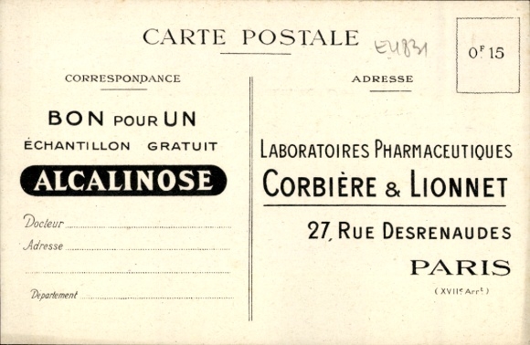 Ansichtkaart Parijs XVII, Laboratoires Pharmaceutiques Corbiere & Lionnet, Alcalinose