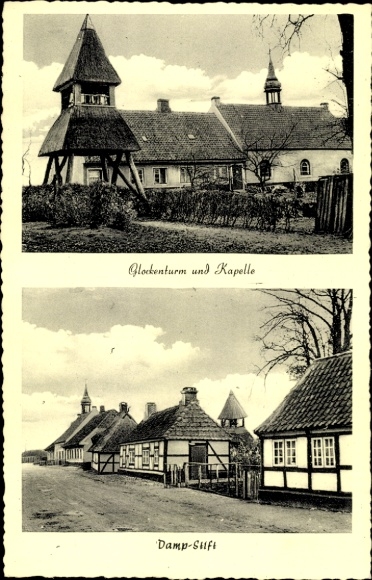Postcard Damp in Schleswig Holstein, monastery, bell tower, chapel, half-timbered houses