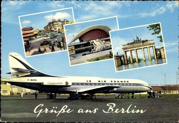 Postcard Berlin Reinickendorf Tegel, Airport, Brandenburg Gate, Air France, Caravelle, F-BHRA, TXL