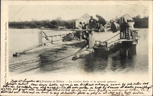 Postcard Pointe a Pitre Guadeloupe, La riviere Salée, large barge, Seilfähre
