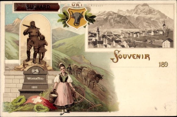 litho Altdorf Kt. Uri, Tell monument, advertentie, Cacao Suchard, vrouw in kostuum, stadszicht