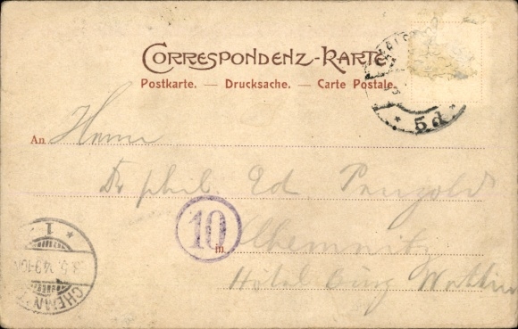 Postcard Karlsbad in Baden, historical building with inscription 'DEINSCHANK', view of the town