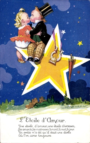 Artist Postcard Mauzan, Lovers kissing on a star