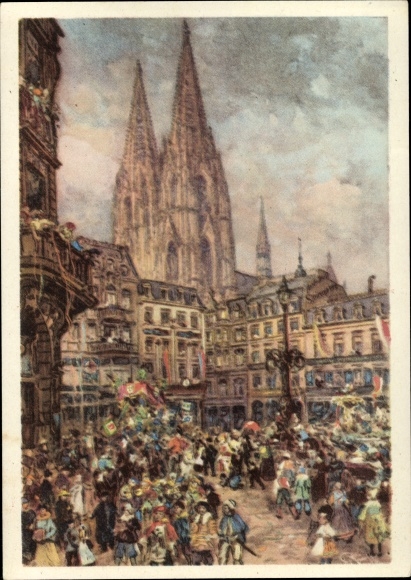 KP artysta pocztówka Köln am Rhein, karnawał, parada, katedra