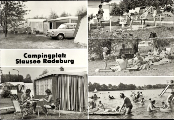 Postcard Radeburg in Saxony, campsite reservoir holiday scenes, tents, leisure activities