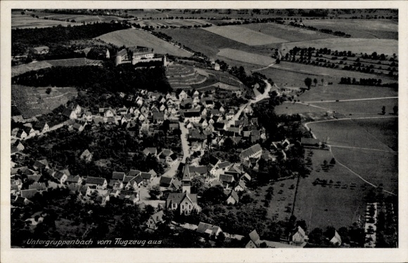 Postcard Untergruppenbach in Württemberg, aerial view of many houses, landscape, black and white, Tex