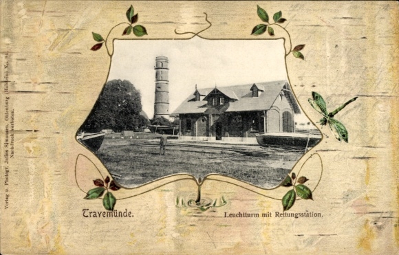 Reliëf passepartout ansichtkaart Ostseebad Travemünde Lübeck, vuurtoren, reddingsstation