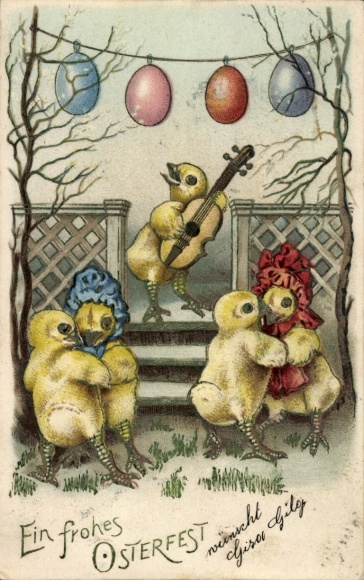 Glitter Postcard Congratulations Easter, dancing chicks