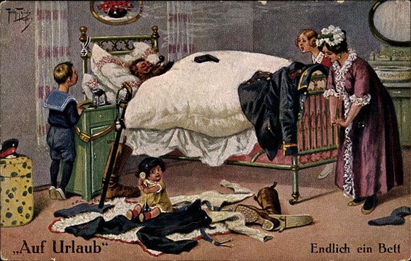 Artist Postcard Thiele, Arthur, on vacation, finally a bed, soldier, family