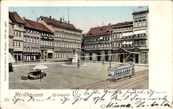 KP Nordhausen am Harz, Xornmarkt, tramwaj, fontanna, budynek