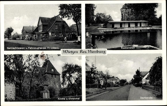 Postcard Wietzen in Lower Saxony, shop Fr. Lüders, church, memorial, Dorfstrasse