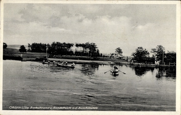 Ak Ohorn in Saksen, roeiers op het water, oeverlandschap, gondelvijver, Buschmühle