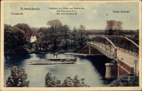 Ansichtkaart Berlijn Köpenick Schmöckwitz, Inn zur Palme, Seddin See, boswachtershuis, brug