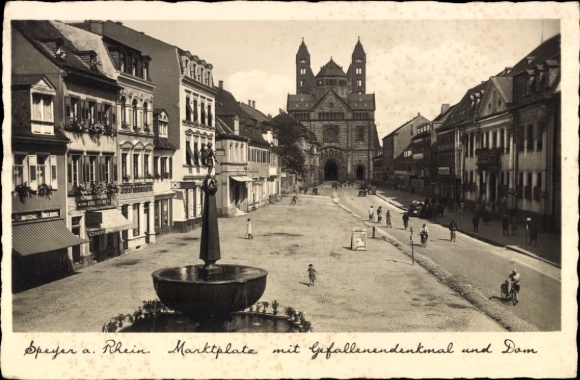 Ak Speyer am Rhein, Marktplatz, Gefallenendenkmal, Dom, Brunnen