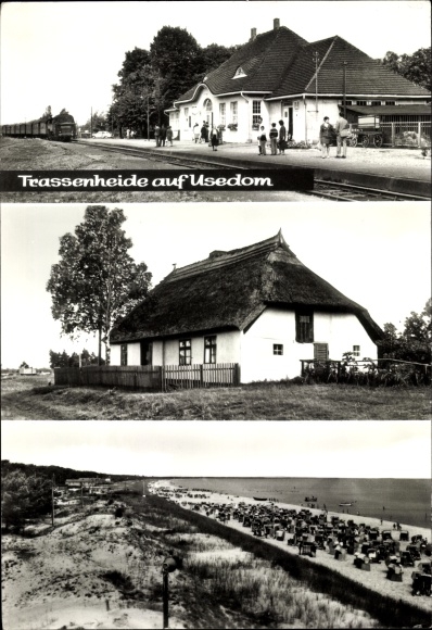 Postcard Trassenheide on Usedom, thatched roof house, beach, train station